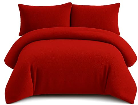 Bella Nights Teddy Bear Fleece Duvet Cover Set – Thermal Warm & Cosy Soft Fur Bedding with Pillowcases – Winter Duvet Set (Red, Single)