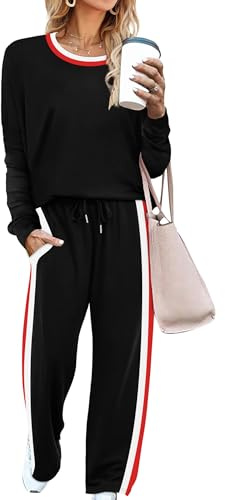 WIHOLL2 Piece Lounge Sets for Women Workout Matching Fall Outfits Clothes 2025 Fashion Winter Clothing Long Sleeve Teacher Tops Shirts Wide Leg Pants Black S