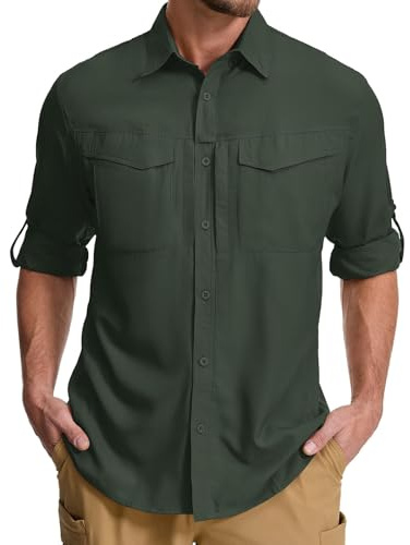 Asfixiado Camicia da Uomo Safari UPF50+ Protezione UV a Maniche Lunghe Camicia da Trekking da Uomo Camicia da Funzionale Camicia da Outdoor Camicia Traspirante e Ad Asciugatura Rapida, Verde militare