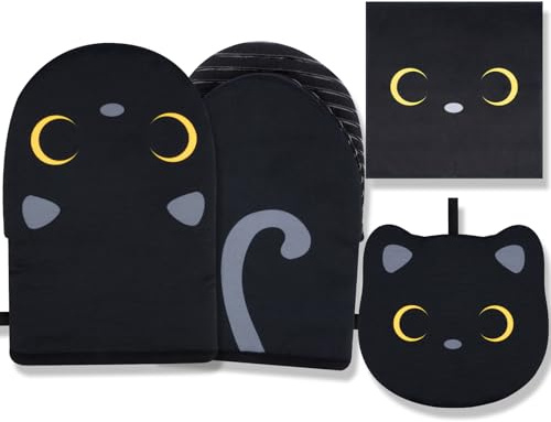 Black Cat Oven Mitts Pot Holders and towal | Kitchen Gloves with Non-Slip Silicone,Quilted Cotton Lining and Loop,Oven Mitt Sets for Cooking,Baking,Gifts Giving
