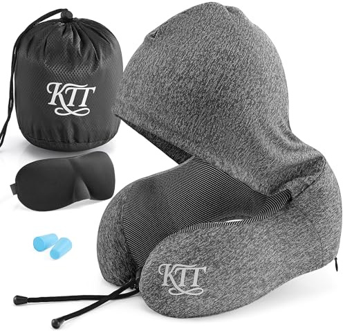 KTT-Set Hooded Travel Pillow – Memory Foam Neck Cushion for Airplane Flights, Train & Car | Soft Skin-Friendly Fabric | Ergonomic 360° Neck Support, Compact & Portable Sleeping Pillow (Black)