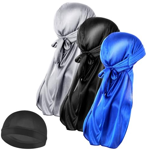 3 gorras de seda onduladas y 1 gorro sedoso Durag con diademas de cola larga, elástico Durags suave, transpirable, sedoso, gorro de pelo ondulado, perfecto para ondas 360/720, azul oscuro, talla