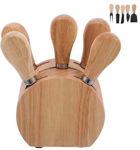 BAZEITFLOW Juego de Cuchillos para Queso con Mango de Madera de Roble Acero Inoxidable 5 Piezas con Bloque de Madera Herramientas para Cortar y Untar Queso en Eventos y Charcutería