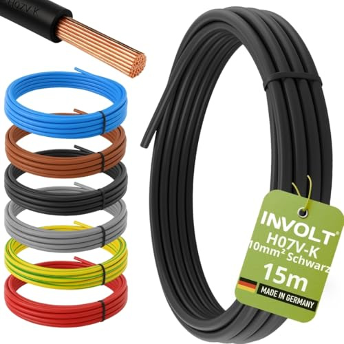 INVOLT H07V-K 15m 10mm² noir câble souple PVC au mètre, Fabriqué en Allemagne