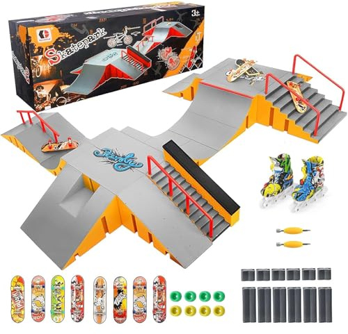 Tlater Finger Skateboard Park Kit Mini Finger Skateboard Rampa Kit DIY Montaje Diapasón Patineta Parque para Niños Regalo de Cumpleaños Amarillo 14 - en 1