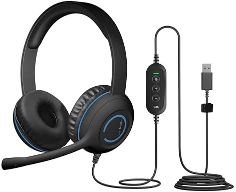 Proaustin Cuffie stereo USB (AC-5008A), controlli in linea per volume e microfono muto, asta microfono regolabile per PC e Mac, perfetto per aula o casa