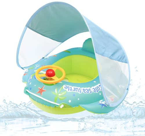 XIMEI Salvagente Neonato con Parasole, Salvagente Bambino con Volante, Ciambella Piscina, Piscina Gonfiabile Bambini, Estate Gonfiabile Mare Bambini Vacanza Spiaggia 12 a 48 Mesi (E)