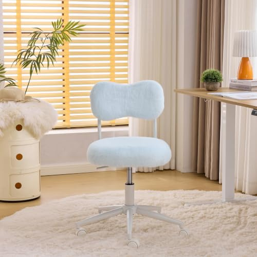 Bonnlo Girls Makeup Desk Chair, Faux Fur Vanity Chair with Fluffy Curved Backrest, Swivel Dressing Table Chair with Adjustable Height for Makeup, Nail Desk and Kids Bedroom, Long Plush, Light Blue