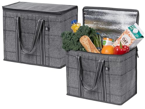 VENO 2 Pack Cooler Bag and Insulated Grocery Bags for Food Delivery, Collapsible Cooler. Reusable Shopping Bags for Groceries with Hard Bottom, Zippered, Foldable, Heavy-Duty (Windowpane, 2 Pack)