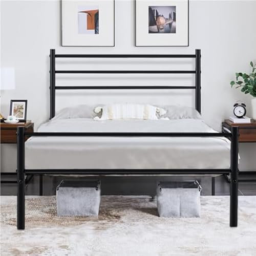 IPOTIUS Modern Double Bed Frame for Children Adults,Stable Metal Bed Base with Simple Headboard, Fits for 4ft6 140 x 190 cm Mattress, Black