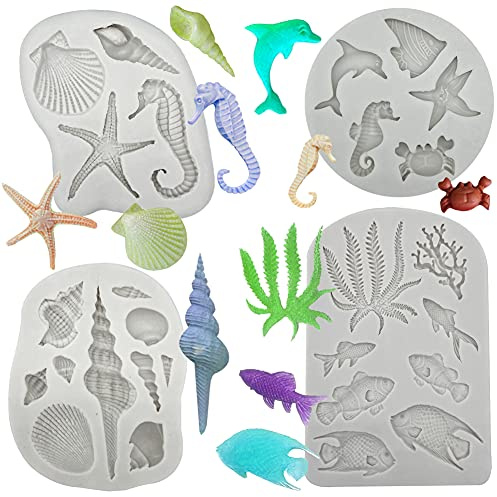 4PCS Marine Theme Fondant Silicone Mold Seaweed Sea Fish Crab Coral Conch Sea Shells Shape DIY Handmade Baking Tools