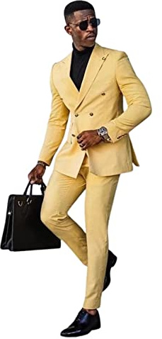 Drkobr Men's Peak Lapel Suit 2-Piece Double Breasted Buttons Formal Business Tuxedos Yellow