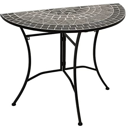 DEGAMO Wandtisch Anstelltisch Siena 45x90cm halbrund, Gestell Metall schwarz, Tischplatte aus Keramik in Mosaik-Optik, grau/Weiss