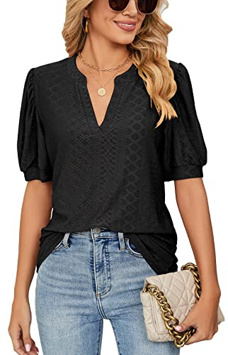 Camisetas Manga Corta Mujer con Volantes Blusas Mujer Verano Cuello en V Elegantes Mujer Tops (B-Negro,L)