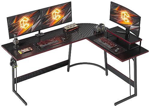 CubiCubi Gaming Tisch Eckschreibtisch 150 x 120 cm, Schreibtisch L Form für Gaming, Ecktisch Computertisch Mit Monitorständer, Platzsparend, Einfach zu Montieren Eck Tisch, Kohlefaser Schwarz