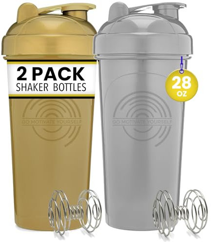 [2 Pack] 28-Ounce Shaker Bottle (Gold, Silver) | Protein Shaker Cup 2-Pack with Agitators | Protein Shaker Bottle Set is BPA Free and Dishwasher Safe