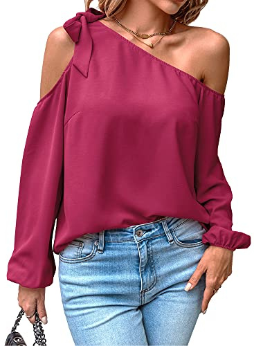 Toplop Damblus, långärmad skjorta, axelfri: festlig, elegant topp, sexiga toppar, höst, vår, ledig kortärmad tunika, damblus med Carmen asymmetrisk urringning/volanger rund hals, B-vinröd, S