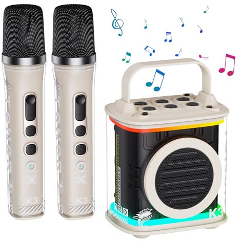 Mini Karaoke Machine with 2 Wireless Microphones, TONOR Portable Bluetooth Karaoke Speaker for Kids Adults with Microfono Mic and Colorful LED Lights, Girls Boys Present Child Home Singing Party Beige