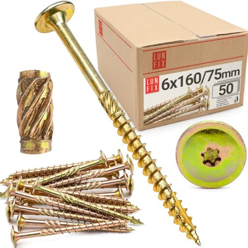 Viti per legno Torx 6,0x160mm, 50 pezzi, viti autofilettanti torx giallo zinco con testa larga TX40, acciaio resistente per pannelli e carpenteria, fissaggi professionali da costruzione – Lun Fix
