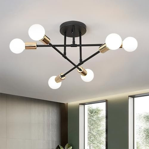 YHTlaeh Lampadario Soffitto Industrial Forma DIY Plafoniera E27 Moderno Lampada da Soffitto in Ferro Vintage per Camera da letto Soggiorno Cucina Corridoio (6T, Nero+Oro)