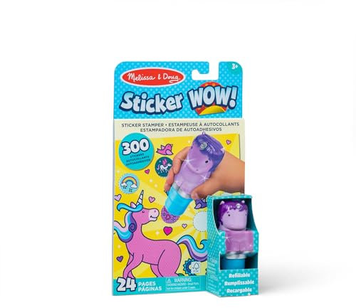 Melissa & Doug WOW 24-Page Activity Pad and Sticker Stamper | Travel Toys for Kids | Glitter Unicorn - Purple - FSC Certified