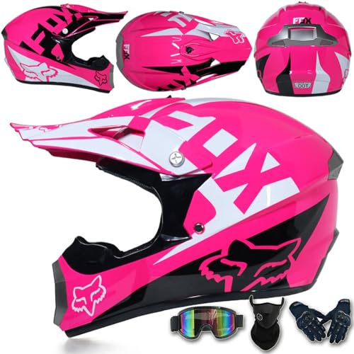 Dirtbike-Helmset für Jugendliche und Erwachsene, Kinder, ATV, BMX, Motocross-Helme, Allrad-Offroad-Integralhelm für Motorräder mit Schutzbrille, Handschuhen, Maske, DOT-zugelassene,Pink-M(54~55cm)