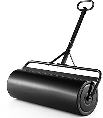 COSTWAY Rouleau à Gazon de Jardin en Métal avec Poignée de Préhension Détachable, Rouleau de Pelouse Rempli d'eau/Sable 113L- Ø 40 CM, Idéal pour Obtenir Pelouse (Noir)