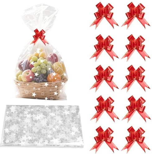 Lot de 10 grands sacs cadeaux en cellophane avec motif étoiles, 70 x 50 cm, avec nœuds, refermables, pour paniers cadeaux, paniers d'anniversaire, de Noël ou de fruits