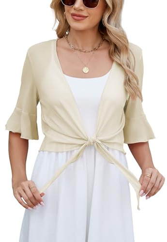 Famulily Womens Summer Tie Knot Bolero Shrug Plain Loose Thin Cropped Cardigans Casual Tie Up Wrap Tops Beige M