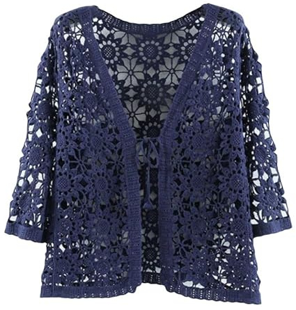 Cárdigan Tipo Bolero De Encaje con Mangas 3/4 para Mujer, Cárdigan Corto Transparente De Crochet, Chaqueta con Lazo Frontal, Blusa Elegante para Cubrir Vestidos De Noche Informales, Azul Marino, T