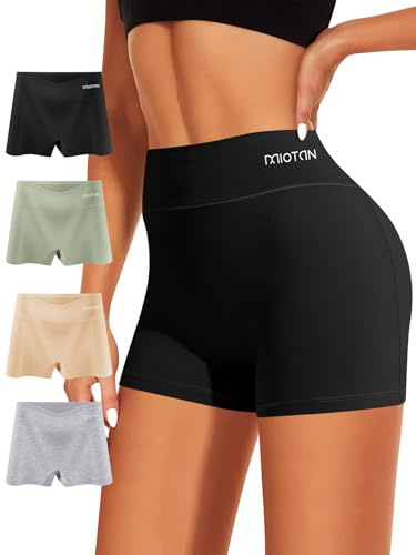MIOTAN Lot de 4 Shorty Femme Coton Taille Haute Respirant | Boxer Femme, ceinture double couche, entrejambe en 100% coton, sans rouler, respirant, pour quotidien et sport