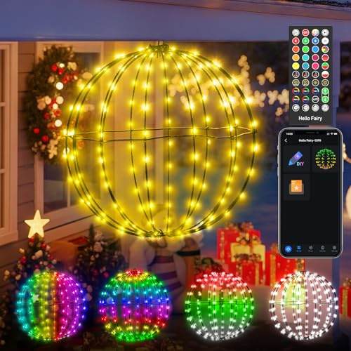 AuBen Éclairage de Noël Smart RGB 30 cm Boule lumineuse à suspendre, boule décorative pliable avec minuteur, télécommande / contrôle par application, guirlande lumineuse LED AuBen pour jardin, fête
