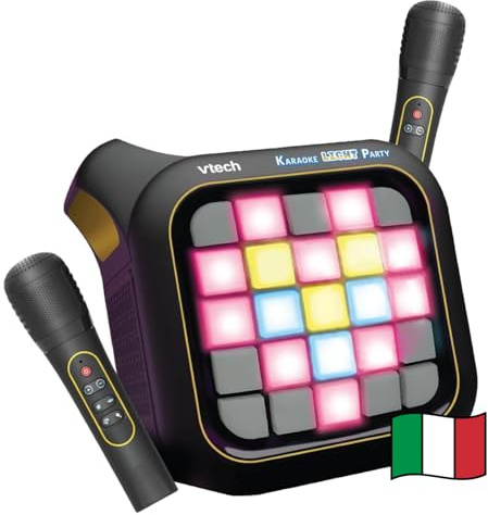 VTech Karaoke Light Party, Microfono per Karaoke con Altoparlante, 2 Microfoni Wireless, Connessione Bluetooth e Magic Voice, Effetti Sonori, 25 Tasti per Pixel Art, Batterie Incluse, 7+ Anni