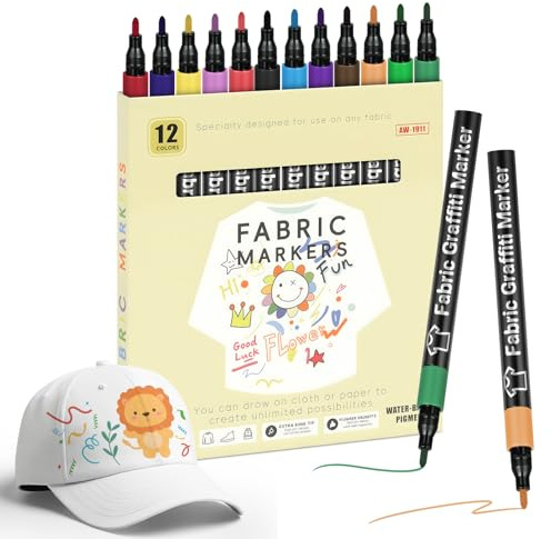 APXEL 12 Fabric Markers Pens, 12 Color Non Toxic Indelible and Permanent Fabric Paint, Fine Point Textile Marker Pen for Clothes Tshirt Plain Tote Bags Canvas Shoe Adults kids Crafts Kit