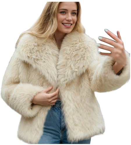 Générique Manteau en Fausse Fourrure Femme Veste Court à Revers Manteaux pour Hiver Chaude Manteau à Manches Longues avec Poche Veste Femme Chic et Elegant (03-Beige, L)