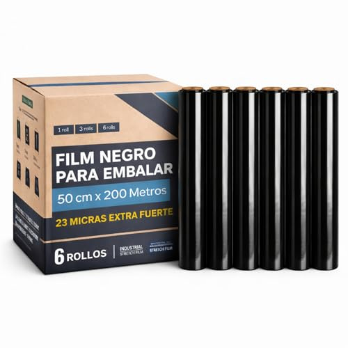 Film Negro para embalaje, Rollo de Film Elástico Manual Industrial, rollo embalaje Negro, Grosor de 23 micras extra fuerte, 50 cm de ancho x 200 Metros largo, Contiene 6 rollos