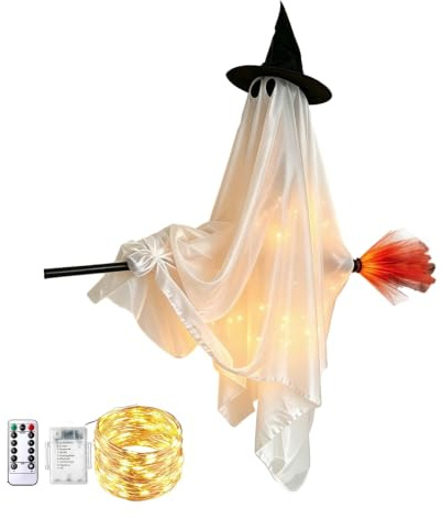 Hängande Späkung Svart Trollkarlshatt Med Kvast Halloween Dekoration, Flygande Häxa 110cm Skrämmande Dekor För Spökhus Veranda, Träd För Inomhus Och Utomhus Festaccessoar C