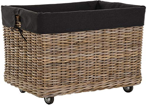 Großer Rollkorb mit Griffen/Holzkorb mit Rollen aus grauem Natur Rattan/Aufbewahrung Holz-Wagen Räder Kaminholz-Korb Kamin Allzweck-Korb mit Inlett (Rechteckig)