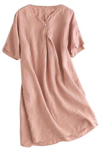 FTCayanz Robe Femme Été Lin Col en V Manches Courtes Ample Casual Midi Robe Tunique Blouse Rose XL