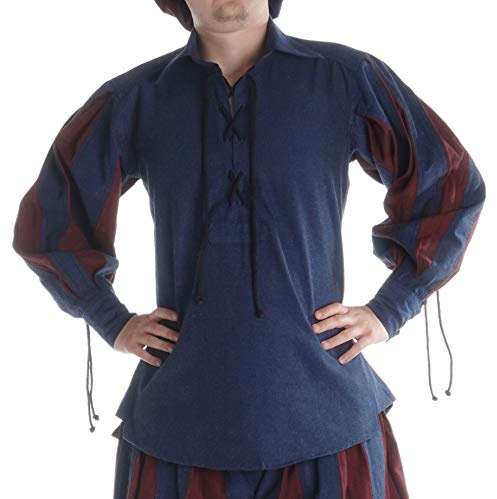 HEMAD Medeltida skjorta - Landsknecht skjorta med vida ärmar och krage - LARP - Bomull - Blå-Röd L/XL