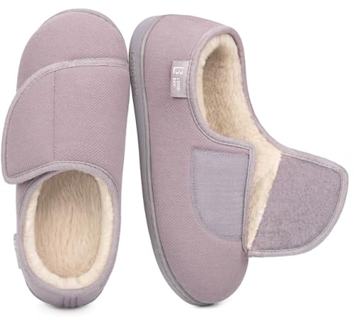 LongBay Women's Wide Fit Slippers Comfy and Cozy Memory Foam Indoor House Shoes for Diabetic Arthritis and Edema Grey,7