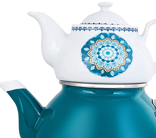 KARACA Théière en porcelaine émaillée Turquoise 2 l Design rétro nostalgique Taille midi Avec infuseur