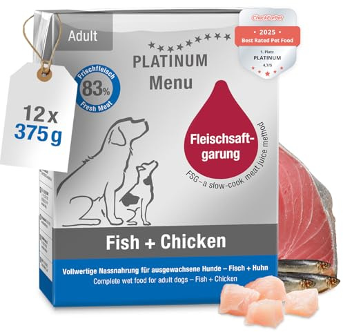 PLATINUM - Alimento para perros Menu Adult Fish+Chicken de carne de salmón - 12 x 375 g de alimento para perros rico en nutrientes como el barf - especialmente jugoso para perros pequeños y grandes