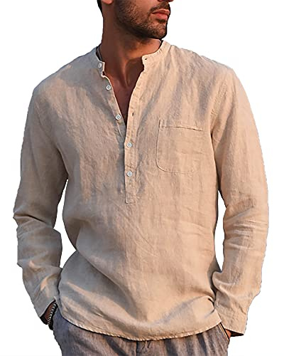 LVCBL Chemise Hommes À Manches Longues Henley Chemise D'été Hommes Chemise Décontractée Chemise en Lin Coupe Régulière