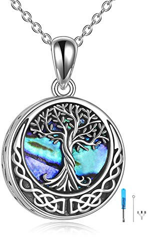 YAFEINI Collares de urna de árbol de la vida para cenizas Plata de ley Concha de abulón Joyas de cremación de árbol de la vida para cenizas Joyas conmemorativas para mujeres y hombres