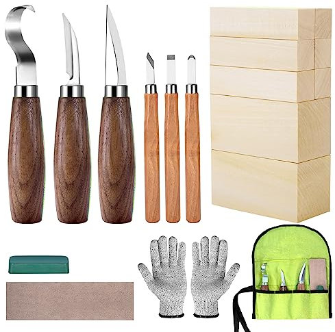 Kit per intagliare il legno per principianti, bambini e adulti, kit per intaglio del legno con 8 blocchi di tiglio, strumenti per intaglio del legno, regalo include 6 coltelli da taglio, guanti, borsa