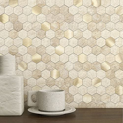 M MOFIT 3D Wandfliesen Selbstklebend Küche,Sechseck Mosaik Mosaikfliesen Marmorfliesen Fliesenaufkleber Marmor Optik(Beige 5 Blatt)