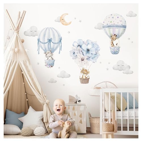 DEKO KINDERZIMMER Väggdekal, safaridjur i varmluftsballong, barnrum, väggdekal, giraff, lejon, väggklistermärke, moln, stjärnor, babyrum, väggdekoration, DK1059-1