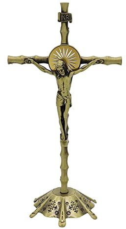 Milageto Estatua de Cruz, Estatua de crucifijo, Adorno de Mesa de Metal, crucifijo de pie en Miniatura con Base, Cruz de Pared para Estante de Sala de Estar de, Bronce