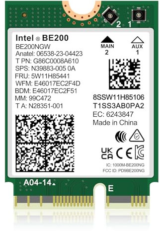 WiFi 7 Wireless Card Intel BE200 NGW, Bluetooth 5.4, 5800Mbps M.2/NGFF Network Support Windows 10/11 (64bit), Linux, Only supports Intel 12th and above CPU and not support AMD CPU Laptop.